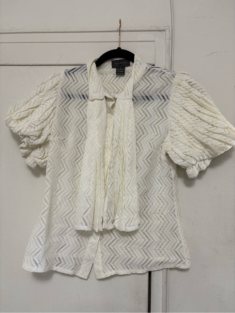 Gracia Chevron Lace blouse with Juliet Puff Short Sleeve.